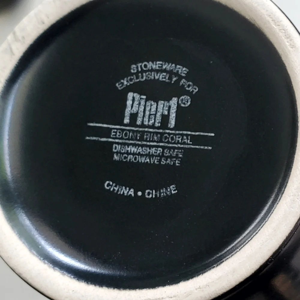 Pier 1, Set of 5, Ebony Rim Coral Colorblock Stoneware Coffee Cups, 14oz, EUC